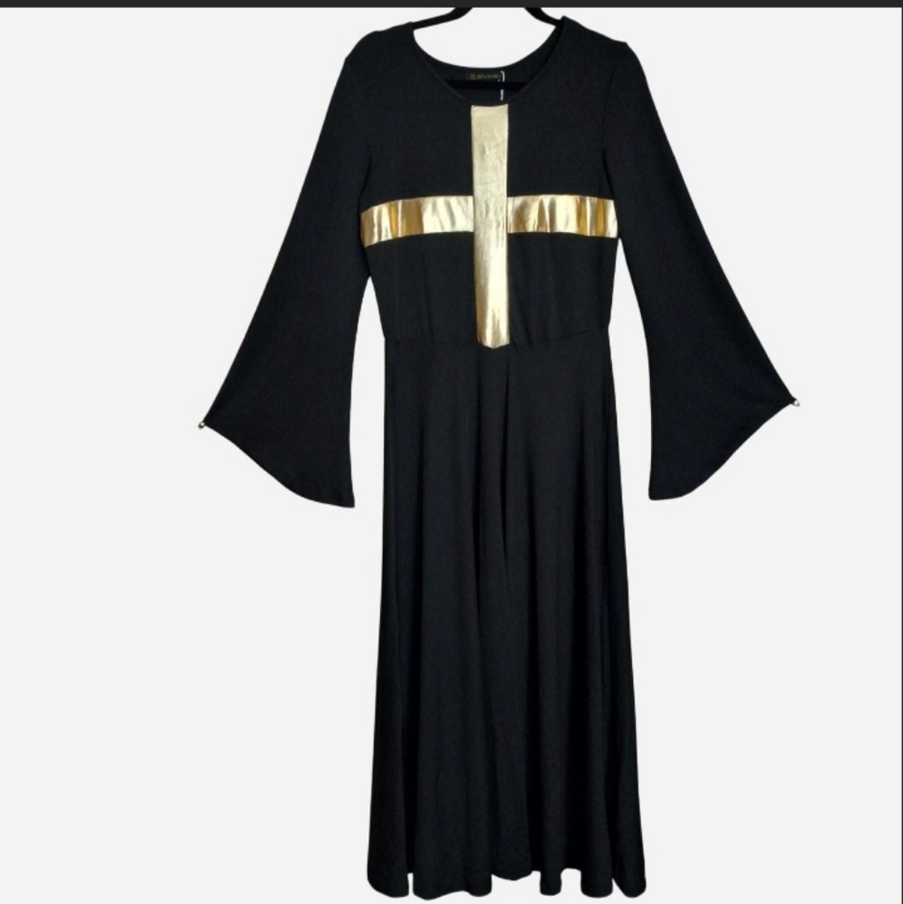 Goth Priestess Metallic Cross Bell Sleeves Maxi Dress Halloween Costume